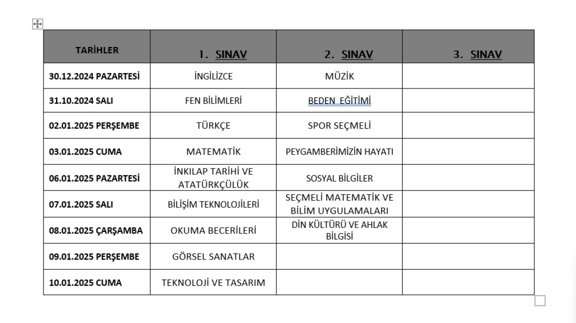 KAÇMAZ ORTAOKULU 1. DÖNEM 2. YAZILI SINAVLARI TAKVİMİ